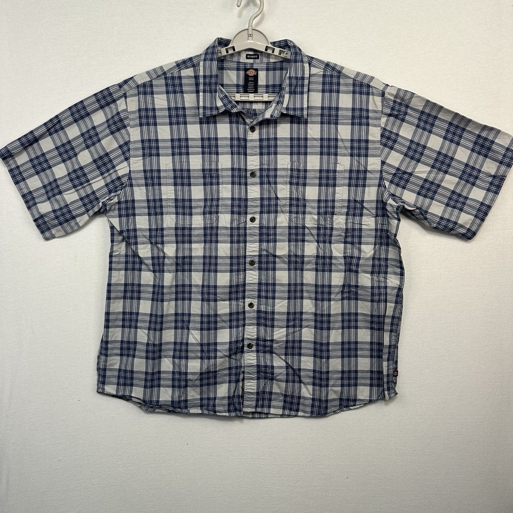 Dickies Men's Short Sleeve Shirt 3XL Relaxed Fit Button Up Blue & Grey Plaid